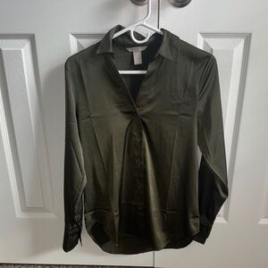 H&M Olive Satin Button-Down Shirt